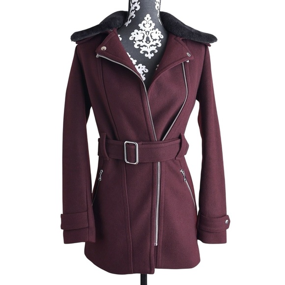 Express Jackets & Blazers - Express Women Short Wool Belted Coat Jacket With Faux Fur Collar Burgundy